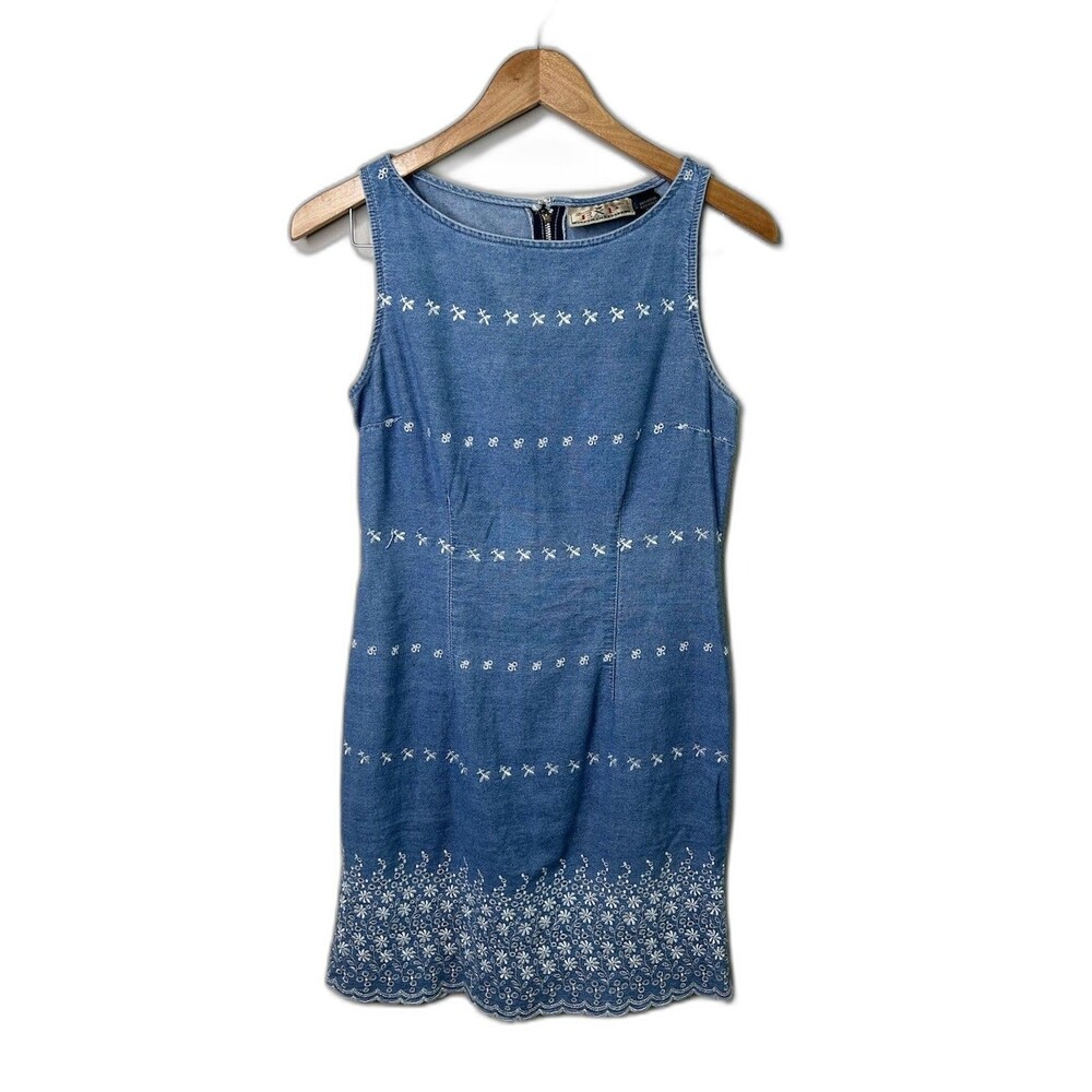 Vintage y2K Express Sleeveless Denim Dress Floral Embroidered Floral Stitch